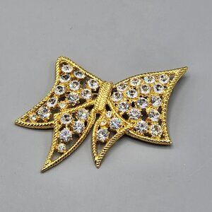 Flat Bow Brooch Pin Costume Jewelry Gold Tone Clear Stones Holiday Gift Xmas